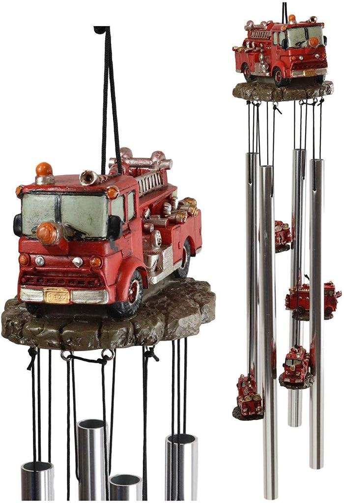 ebros gift Ebros Gift Decorative Red Fire Engine Truck Model Resonant Relaxing Wind Chime Patio Garden Accent of Fire Fighters Hydrants 911 Emergency Civil Service