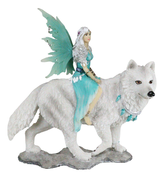Ebros Gift Ebros Gift Elektra Blue Ice Fairy Riding Giant Snow Wolf King Rumba Figurine 8"H