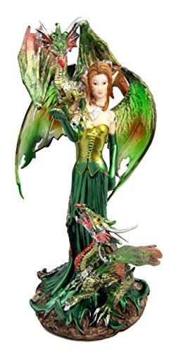 Ebros Gift Ebros Gift Emerald Elf Fairy With 2 Green Guardian Dragons Figurine 9"H