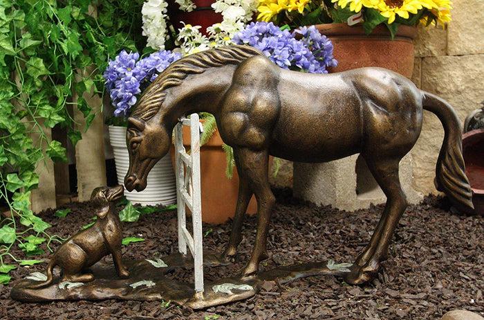 ebros gift Ebros Gift Fine Aluminum Metal Large Countryside BFF Buddies Horse and Dog by Barn Fence Garden Statue 25.75" Long Friendship Stallion Horses Dogs Animal Farm Western Rustic Country Decor Sculpture