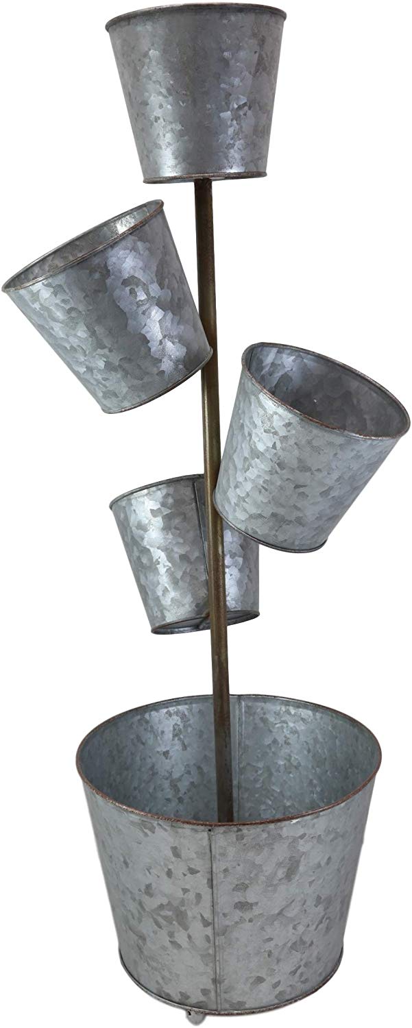 Ebros Gift Ebros Gift Galvanized Metal Rustic Vertical Pole 5 Tier Variable Sized Pot Planters Indoor Or Outdoor Standalone Planter Pots For Succulents Or Natural Greenery Plants Lawn Pool Patio Garden Accent