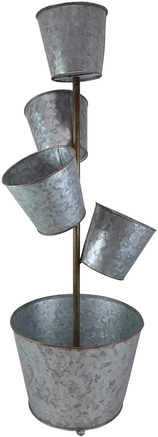 Ebros Gift Ebros Gift Galvanized Metal Rustic Vertical Pole 5 Tier Variable Sized Pot Planters Indoor Or Outdoor Standalone Planter Pots For Succulents Or Natural Greenery Plants Lawn Pool Patio Garden Accent
