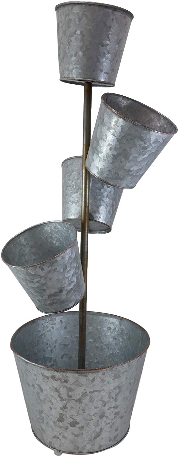 Ebros Gift Ebros Gift Galvanized Metal Rustic Vertical Pole 5 Tier Variable Sized Pot Planters Indoor Or Outdoor Standalone Planter Pots For Succulents Or Natural Greenery Plants Lawn Pool Patio Garden Accent