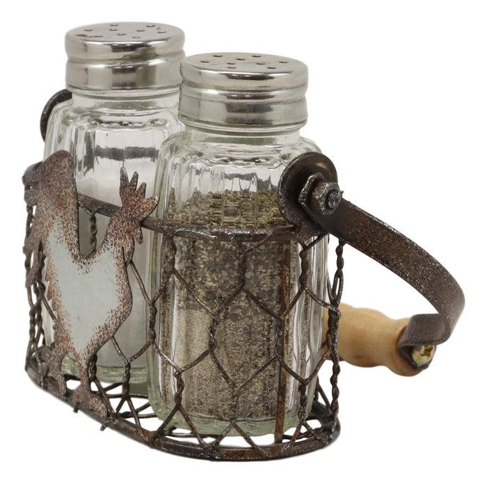 Ebros Gift Ebros Gift Galvanized Metal Rustic Vintage Farm Milk Wire Basket Crate With Chicken Rooster Sign Salt And Pepper Shakers Display Holder Set 5.25"High