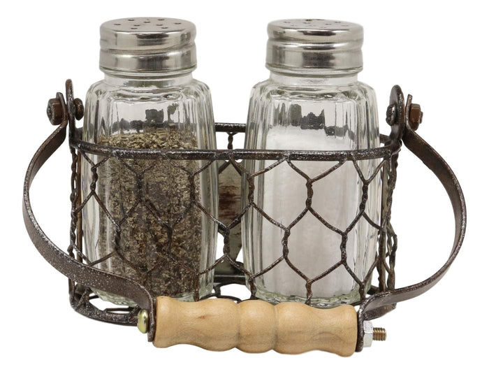 Ebros Gift Ebros Gift Galvanized Metal Rustic Vintage Farm Milk Wire Basket Crate With Chicken Rooster Sign Salt And Pepper Shakers Display Holder Set 5.25"High
