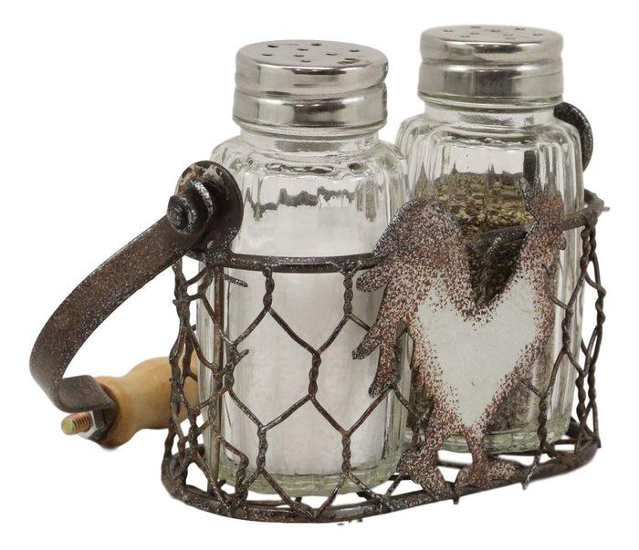 Ebros Gift Ebros Gift Galvanized Metal Rustic Vintage Farm Milk Wire Basket Crate With Chicken Rooster Sign Salt And Pepper Shakers Display Holder Set 5.25"High