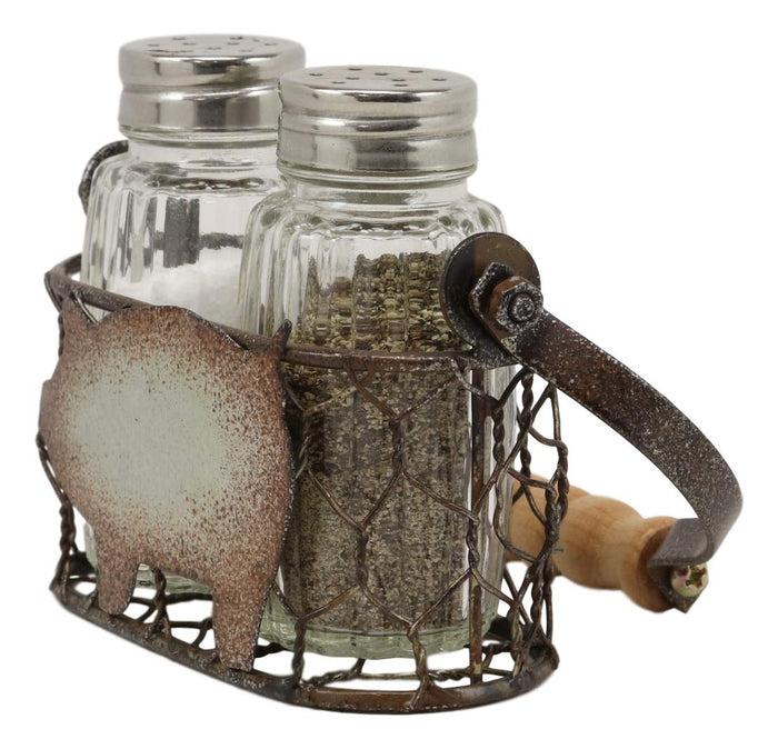 Ebros Gift Ebros Gift Galvanized Metal Rustic Vintage Farm Milk Basket Crate With Swine Pig Design Salt And Pepper Shakers Display Holder Set 5.25"High