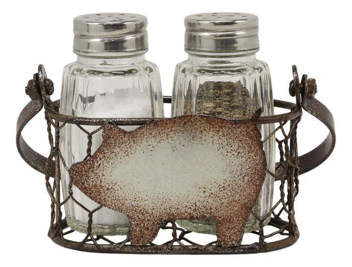 Ebros Gift Ebros Gift Galvanized Metal Rustic Vintage Farm Milk Basket Crate With Swine Pig Design Salt And Pepper Shakers Display Holder Set 5.25"High