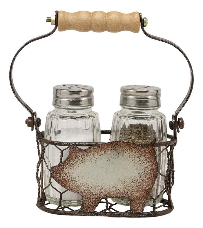 ebros gift Ebros Gift Galvanized Metal Rustic Vintage Farm Milk Basket Crate With Swine Pig Design Salt And Pepper Shakers Display Holder Set 5.25"High