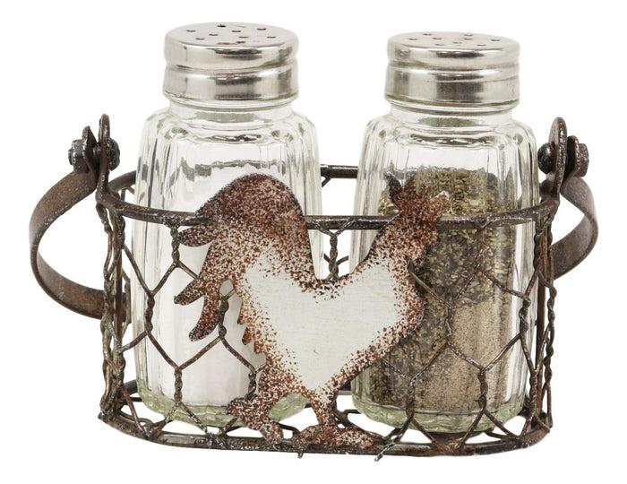 ebros gift Ebros Gift Galvanized Metal Rustic Vintage Farm Milk Wire Basket Crate With Chicken Rooster Sign Salt And Pepper Shakers Display Holder Set 5.25"High