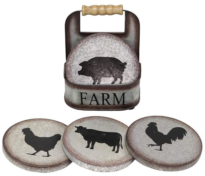 Ebros Gift Ebros Gift Galvanized Metal Rustic Western Animal Farm Livestock Rooster Hen Pig Cow Coaster Set 4 Round Assorted Coasters With Basket Holder 5.25" High Cabin Lodge Mountain Lake Side Home Decor