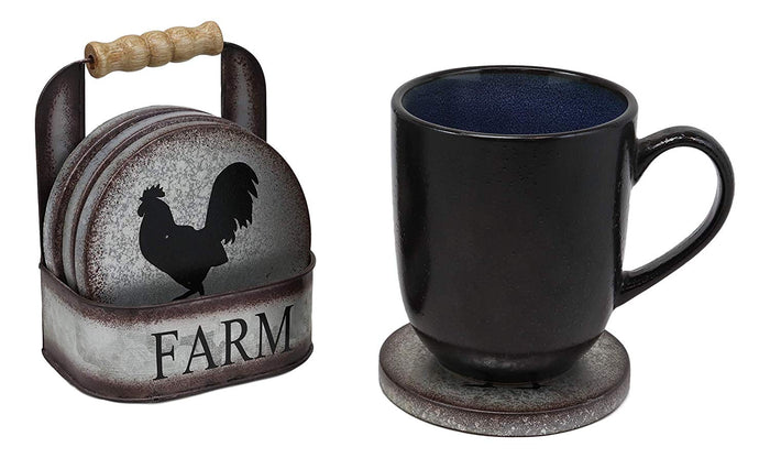 Ebros Gift Ebros Gift Galvanized Metal Rustic Western Animal Farm Livestock Rooster Hen Pig Cow Coaster Set 4 Round Assorted Coasters With Basket Holder 5.25" High Cabin Lodge Mountain Lake Side Home Decor