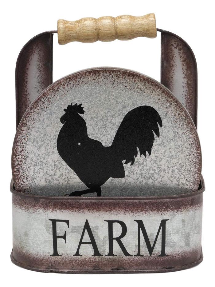 Ebros Gift Ebros Gift Galvanized Metal Rustic Western Animal Farm Livestock Rooster Hen Pig Cow Coaster Set 4 Round Assorted Coasters With Basket Holder 5.25" High Cabin Lodge Mountain Lake Side Home Decor