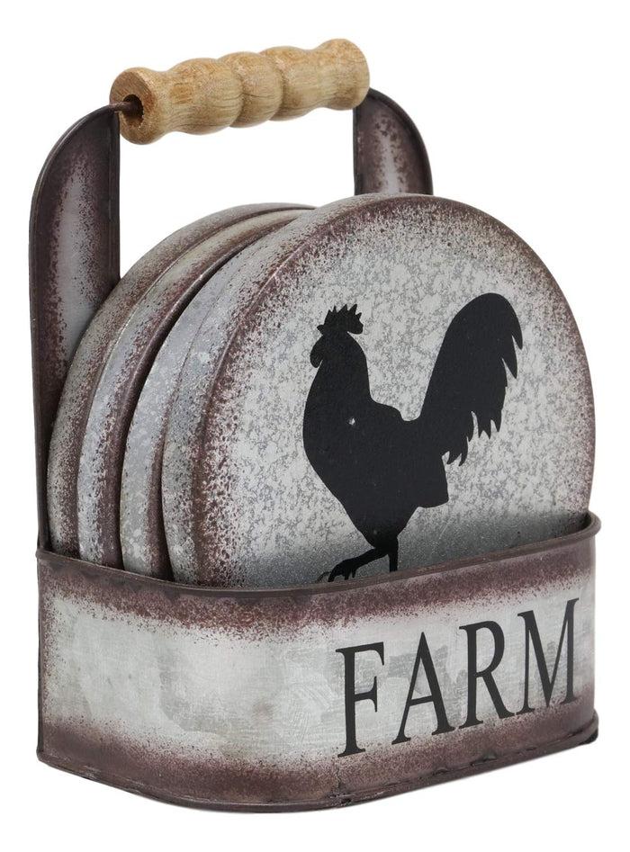 ebros gift Ebros Gift Galvanized Metal Rustic Western Animal Farm Livestock Rooster Hen Pig Cow Coaster Set 4 Round Assorted Coasters with Basket Holder 5.25" High Cabin Lodge Mountain Lake Side Home Decor