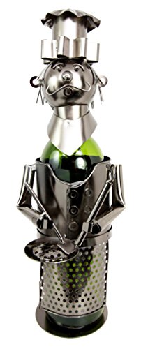 ebros gift Ebros Gift Head Chef With Pan & Spatula Hand Made Metal Wine Bottle Holder Caddy Decor Figurine 14.5"H