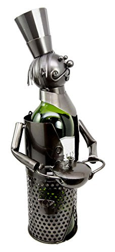Ebros Gift Ebros Gift Head Iron Chef With Wok Pot Hand Made Metal Wine Bottle Holder Caddy Decor Figurine 14.5"H