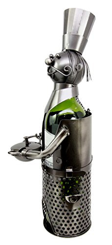 Ebros Gift Ebros Gift Head Iron Chef With Wok Pot Hand Made Metal Wine Bottle Holder Caddy Decor Figurine 14.5"H