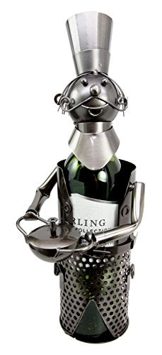 ebros gift Ebros Gift Head Iron Chef With Wok Pot Hand Made Metal Wine Bottle Holder Caddy Decor Figurine 14.5"H