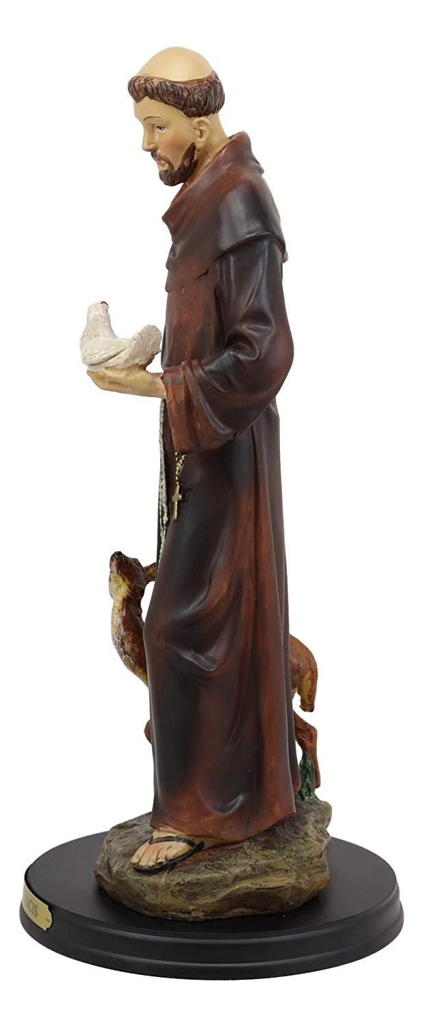 Ebros Gift Ebros Gift Holy Catholic Saint Francis Of Assisi With Dove And Deer Statue And Brass Name Plate 12.25" H Devoted Monk Patron Of Animals & Environment Servant Of Christ Altar Figurine Sculpture