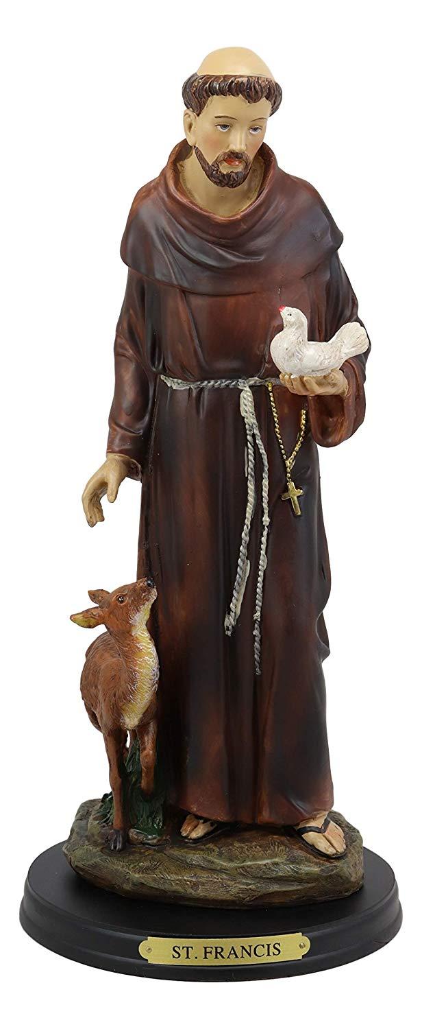 Ebros Gift Ebros Gift Holy Catholic Saint Francis Of Assisi With Dove And Deer Statue And Brass Name Plate 12.25" H Devoted Monk Patron Of Animals & Environment Servant Of Christ Altar Figurine Sculpture