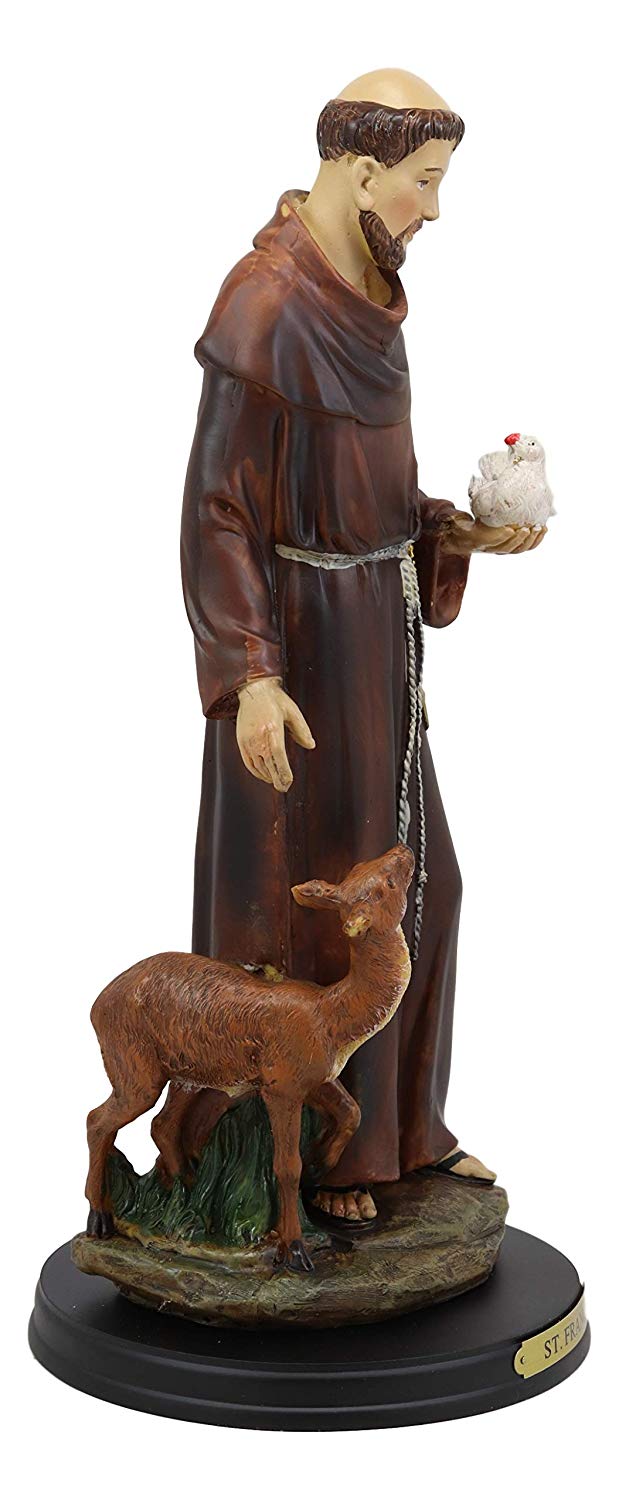 Ebros Gift Ebros Gift Holy Catholic Saint Francis Of Assisi With Dove And Deer Statue And Brass Name Plate 12.25" H Devoted Monk Patron Of Animals & Environment Servant Of Christ Altar Figurine Sculpture