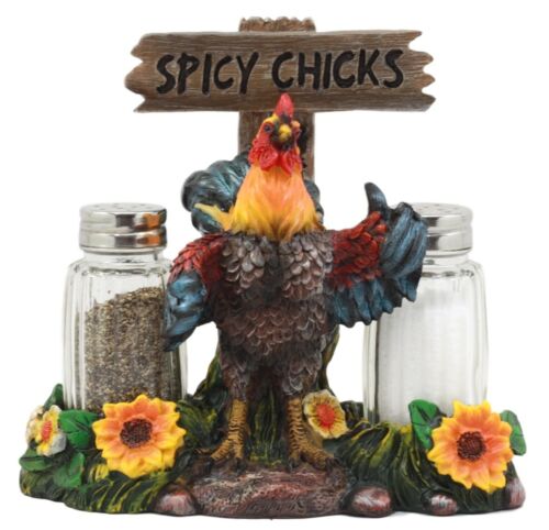 Ebros Gift Ebros Gift Hot & Spicy Chicks Sign Rooster Glass Salt Pepper Shakers Holder