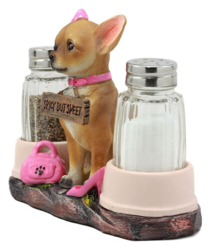 Ebros Gift Ebros Gift Hot & Spicy Glamour Pink Girl Chihuahua Dog Glass Salt Pepper Shakers Holder Figurine Teacup Female Chihuahua Decor