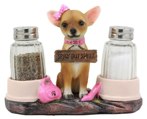 Ebros Gift Ebros Gift Hot & Spicy Glamour Pink Girl Chihuahua Dog Glass Salt Pepper Shakers Holder Figurine Teacup Female Chihuahua Decor