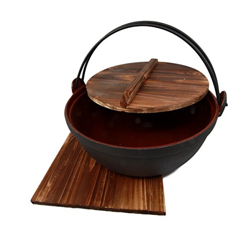 Ebros Gift Ebros Gift Japanese Cast Iron Sukiyaki Shabu Shabu Nabe Ramen Personal Size Hot Pot With Wooden Lid 11.5" Diameter