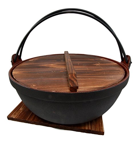 Ebros Gift Ebros Gift Japanese Cast Iron Sukiyaki Shabu Shabu Nabe Ramen Personal Size Hot Pot With Wooden Lid 11.5" Diameter