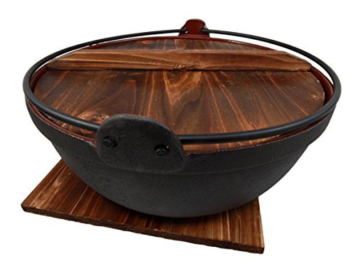 Ebros Gift Ebros Gift Japanese Cast Iron Sukiyaki Shabu Shabu Nabe Ramen Personal Size Hot Pot With Wooden Lid 11.5" Diameter