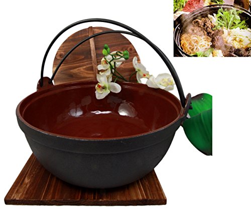 ebros gift Ebros Gift Japanese Cast Iron Sukiyaki Shabu Shabu Nabe Ramen Personal Size Hot Pot With Wooden Lid 11.5" Diameter