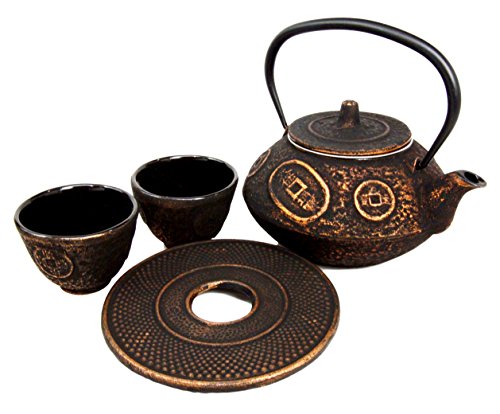 Ebros Gift Ebros Gift Japanese Dark Rich Gold In Coin Money Pattern Heavy Cast Iron Tea Pot With Trivet And Cups Set Serves 2