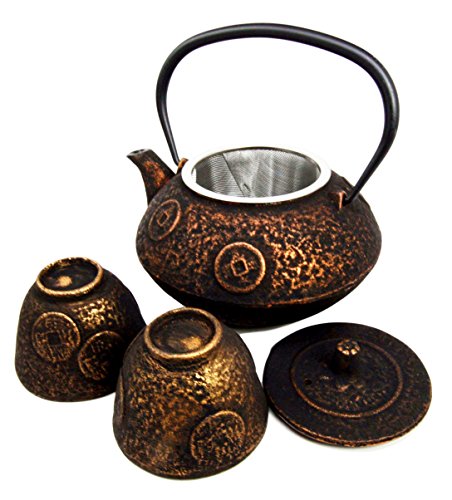 Ebros Gift Ebros Gift Japanese Dark Rich Gold In Coin Money Pattern Heavy Cast Iron Tea Pot With Trivet And Cups Set Serves 2