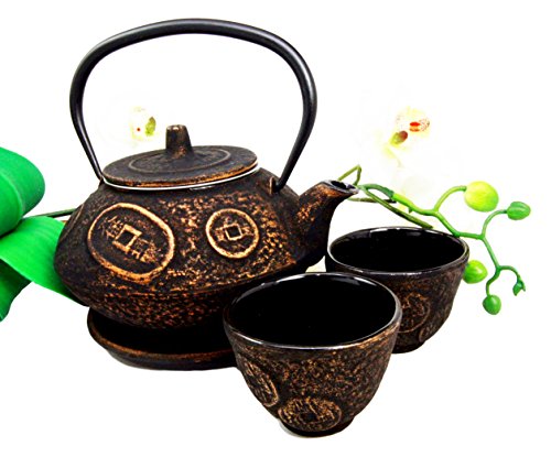 ebros gift Ebros Gift Japanese Dark Rich Gold In Coin Money Pattern Heavy Cast Iron Tea Pot With Trivet and Cups Set Serves 2