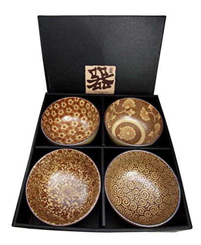 Ebros Gift Ebros Gift Japanese Floral Blossom Sepia Brown Color Food Safe 5" Diameter Decorative Bowl Set Of 4 Ceramic