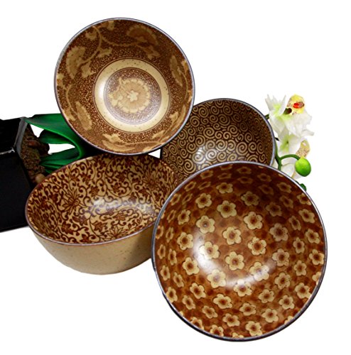 ebros gift Ebros Gift Japanese Floral Blossom Sepia Brown Color Food Safe 5" Diameter Decorative Bowl Set of 4 Ceramic