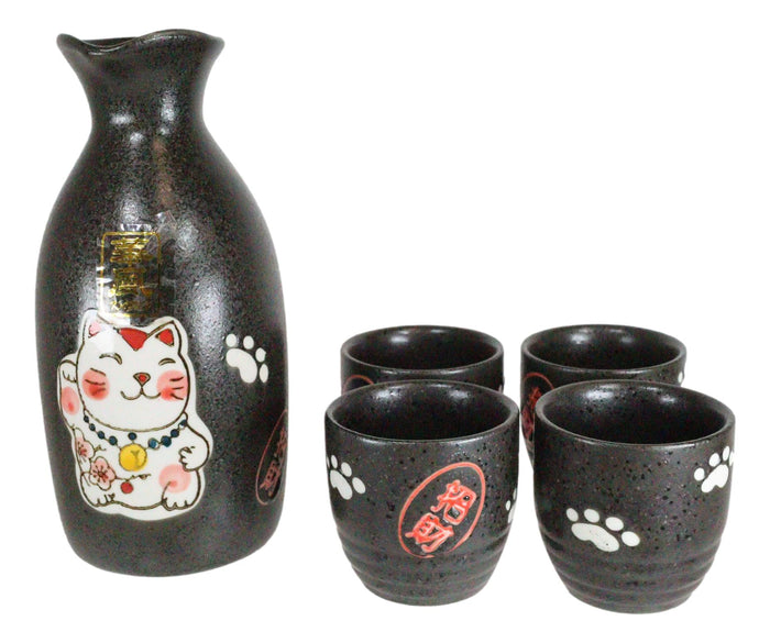 Ebros Gift Ebros Gift Japanese Maneki Neko Lucky Charm Cat Glazed Ceramic Black Sake Set Flask With Four Cups Great Asian Living Home Decor And Gift For Housewarming Special Friendship Eastern Decorative Party Set