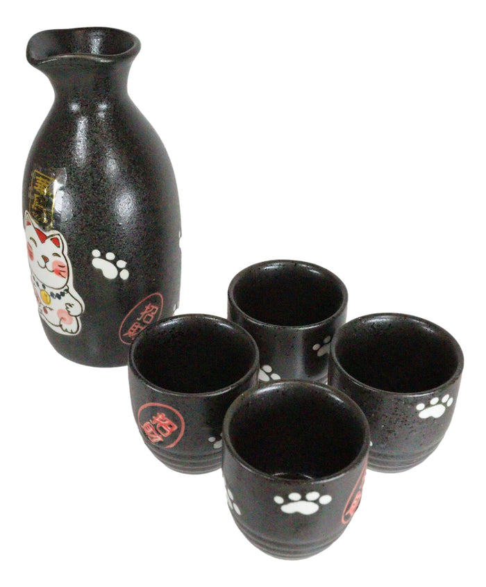 Ebros Gift Ebros Gift Japanese Maneki Neko Lucky Charm Cat Glazed Ceramic Black Sake Set Flask With Four Cups Great Asian Living Home Decor And Gift For Housewarming Special Friendship Eastern Decorative Party Set