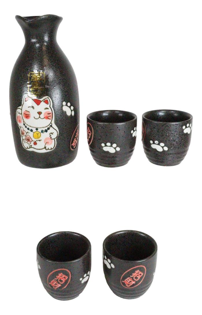 Ebros Gift Ebros Gift Japanese Maneki Neko Lucky Charm Cat Glazed Ceramic Black Sake Set Flask With Four Cups Great Asian Living Home Decor And Gift For Housewarming Special Friendship Eastern Decorative Party Set