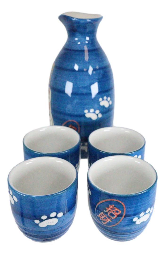 Ebros Gift Ebros Gift Japanese Maneki Neko Lucky Charm Cat Glazed Ceramic Blue Sake Set Flask With Four Cups Great Asian Living Home Decor And Gift For Housewarming Special Friendship Eastern Decorative Party Set