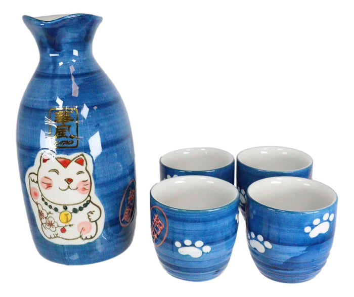 Ebros Gift Ebros Gift Japanese Maneki Neko Lucky Charm Cat Glazed Ceramic Blue Sake Set Flask With Four Cups Great Asian Living Home Decor And Gift For Housewarming Special Friendship Eastern Decorative Party Set