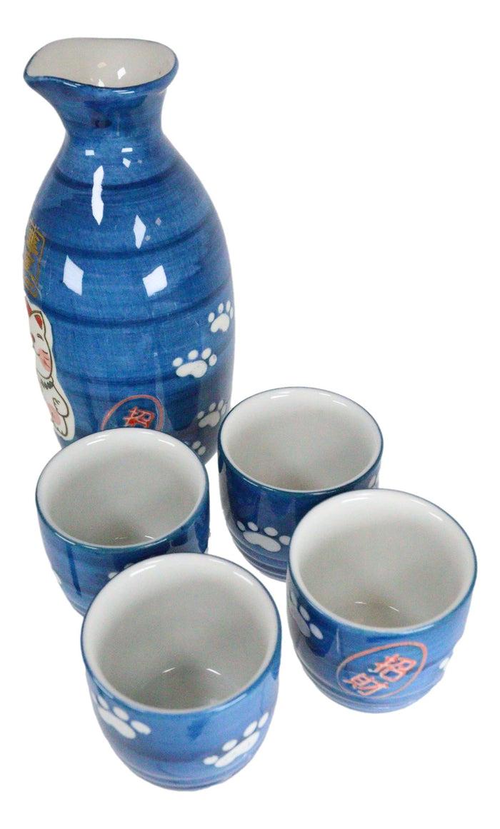 Ebros Gift Ebros Gift Japanese Maneki Neko Lucky Charm Cat Glazed Ceramic Blue Sake Set Flask With Four Cups Great Asian Living Home Decor And Gift For Housewarming Special Friendship Eastern Decorative Party Set