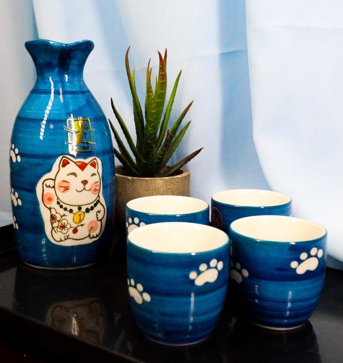 ebros gift Ebros Gift Japanese Maneki Neko Lucky Charm Cat Glazed Ceramic Blue Sake Set Flask With Four Cups Great Asian Living Home Decor and Gift For Housewarming Special Friendship Eastern Decorative Party Set