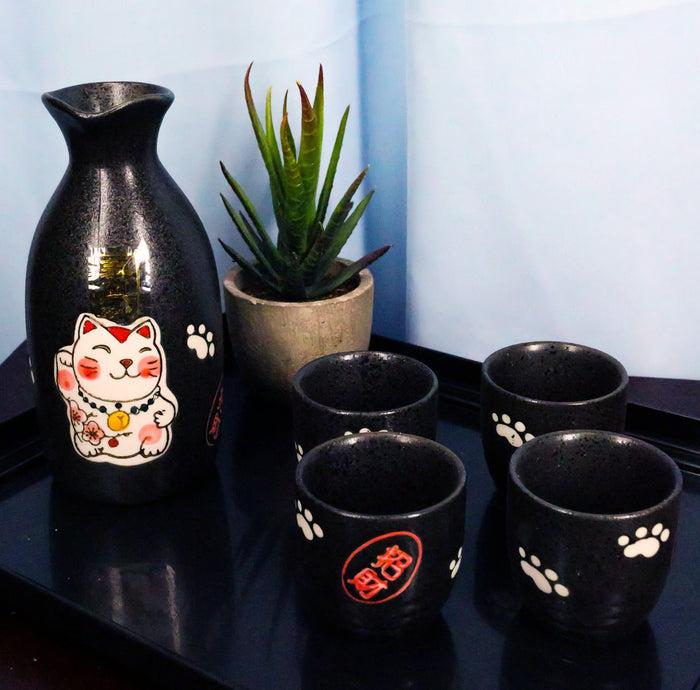 ebros gift Ebros Gift Japanese Maneki Neko Lucky Charm Cat Glazed Ceramic Black Sake Set Flask With Four Cups Great Asian Living Home Decor and Gift For Housewarming Special Friendship Eastern Decorative Party Set