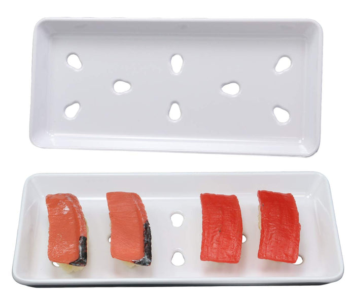 ebros gift Ebros Gift Japanese Raw Food Preparation And Storage White Neta Zara Melamine Sushi Sashimi Chef Serving Plate With Drip Holes For Sushi Case 8.25"L x 3.75"W Restaurant Supply (Pack Of 2)