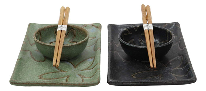 Ebros Gift Ebros Gift Japanese Sakura Cherry Blossom Porcelain Sushi Dinnerware 6 Piece Set 2 Each Of Dinner Plates Dipping Soy Sauce Bowls And Bamboo Chopsticks Pair Gift Ideas (Matcha Green And Black Pair)