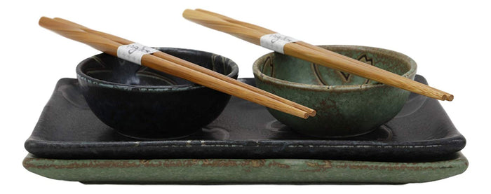 Ebros Gift Ebros Gift Japanese Sakura Cherry Blossom Porcelain Sushi Dinnerware 6 Piece Set 2 Each Of Dinner Plates Dipping Soy Sauce Bowls And Bamboo Chopsticks Pair Gift Ideas (Matcha Green And Black Pair)