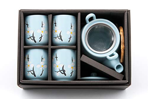 Ebros Gift Ebros Gift Japanese Sakura Pastel Sky Blue Cherry Blossom Design Porcelain 20oz Tea Pot And 4 Cups Set Home Decor Asian Living Teapots Decorative Party Hosting Dining Table Accessories
