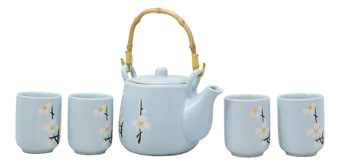 Ebros Gift Ebros Gift Japanese Sakura Pastel Sky Blue Cherry Blossom Design Porcelain 20oz Tea Pot And 4 Cups Set Home Decor Asian Living Teapots Decorative Party Hosting Dining Table Accessories
